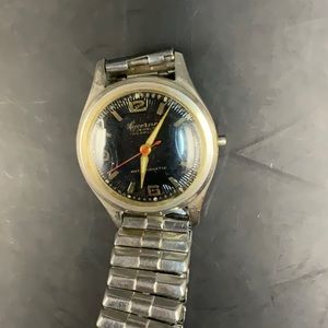 Vintage Lucerne Watch 17J Automatic Black Dial Red Second Hand Gold Accents